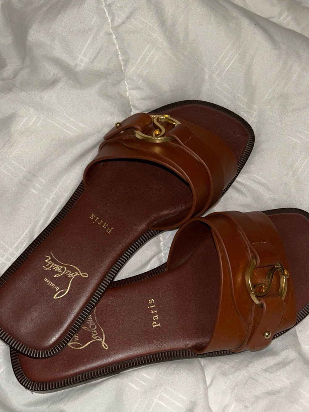 Christian Louboutin Brown Leather Slide Mules with Gold Buckle